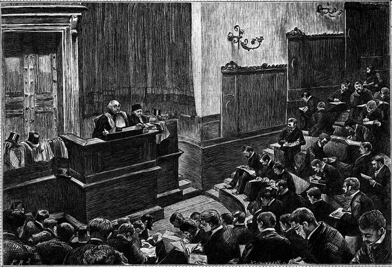Velký amfiteátr pařížské právnické fakulty, rytina v „Le journal de“ La jeunesse“ od Unknown artist