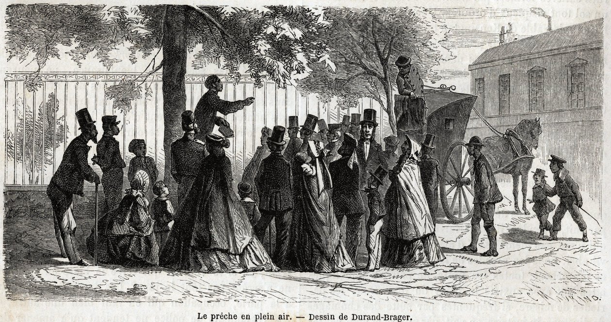 Le preche en plein air, v Londýně, kresba Durand Brager, pro ilustraci Exkurze do chudých čtvrtí Londýna, v roce 1862, L.Simonin. Rytina v „“Le tour du monde““, editoval Edouard Charton od Unknown artist