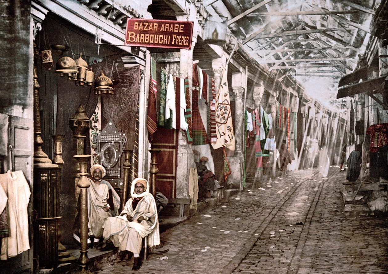 Le souk el Truck v Tunisu: obchod s nápisem ve francouzštině “” Bazar arabic Barbouchi brothers””. Fotochrom v. 1900. od Unknown artist