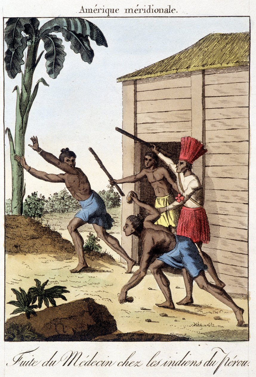 Únik lékaře mezi indiány z Peru (Inca) - rytina od Unknown artist