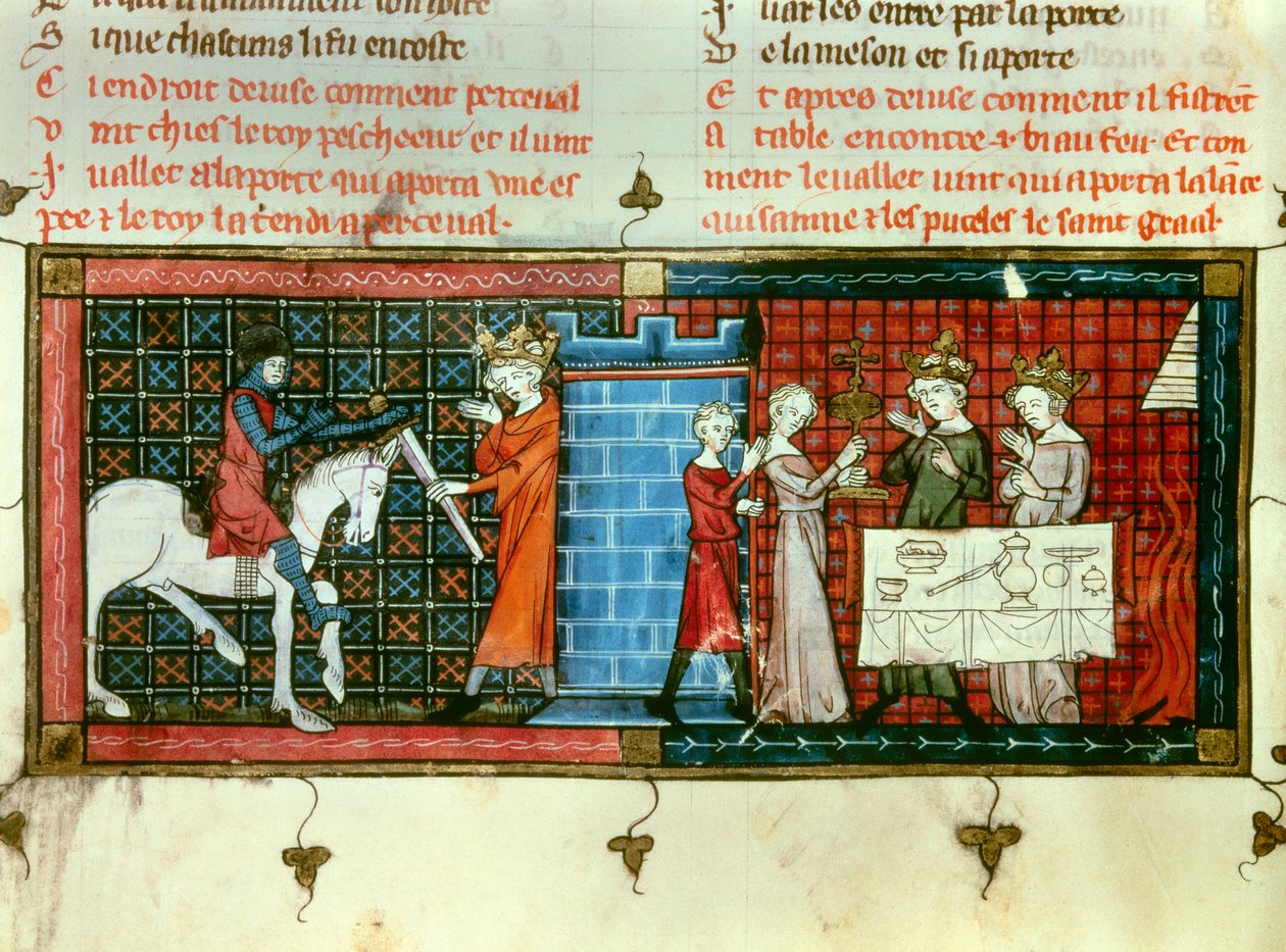 Vlevo: Perceval dostává meč od krále Pescheora. Vpravo: Procesí Svatého Grálu. Miniatura z ""Tale du Grail"" od Unknown artist
