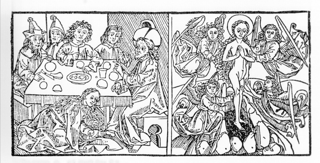 Vlevo: Svatá Marie Magdalena suší Ježíšovy nohy svými vlasy. Vpravo: Svatá Marie Magdalena vystupuje do nebe. Rukopis z roku 1488 vytištěný v Norimberku. Rytina z „Leben der Heiligen - sommerteil“ (Kniha světce) od Jacoba (Jakuba) z Vora od Unknown artist