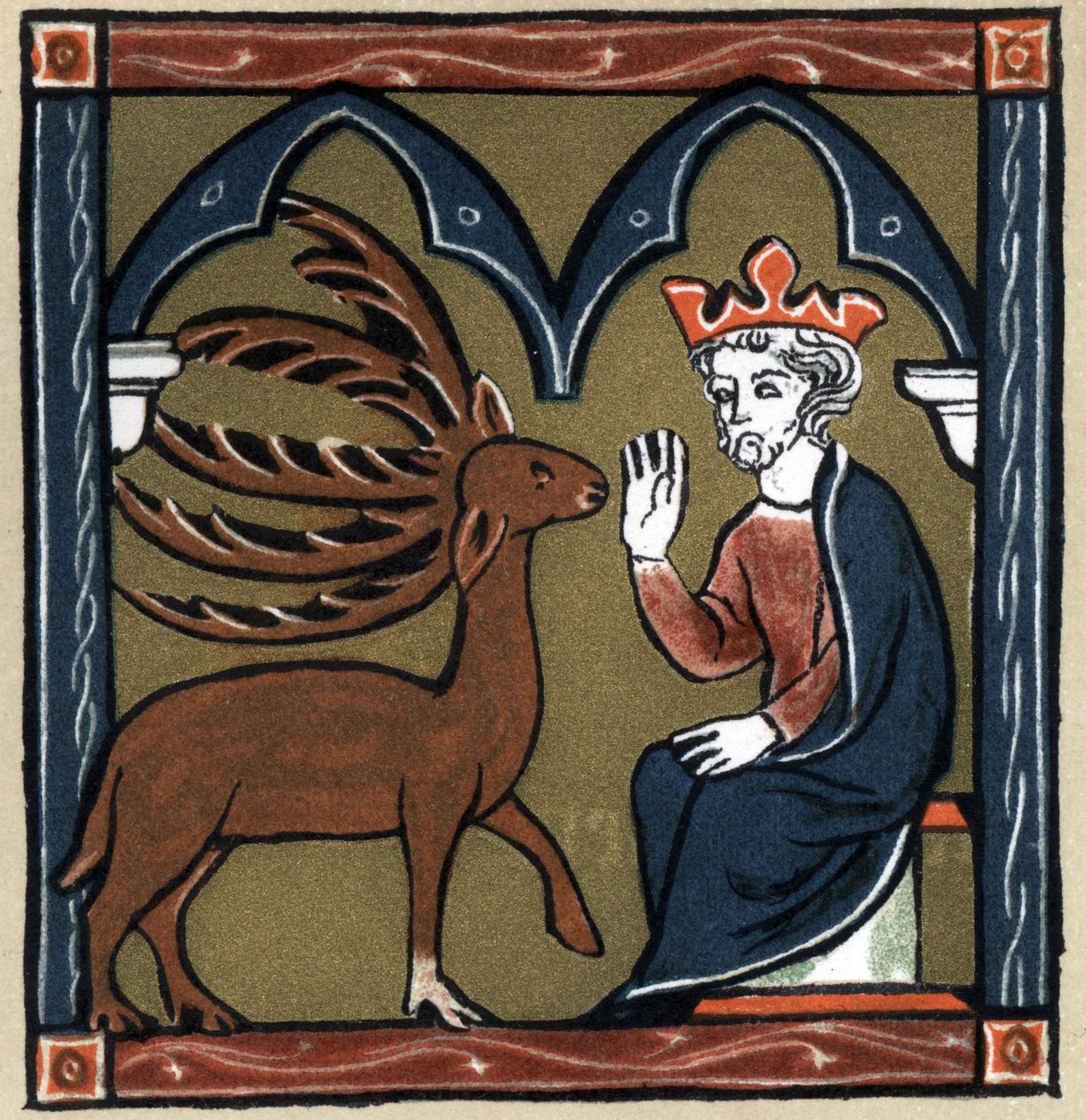 Legenda Arthurian: Merlinova metamorfóza u jelena s pěti dřevy navštíví Julese Cesara. V „Dějinách francouzské literatury“ od Hermanna Suchiera od Unknown artist