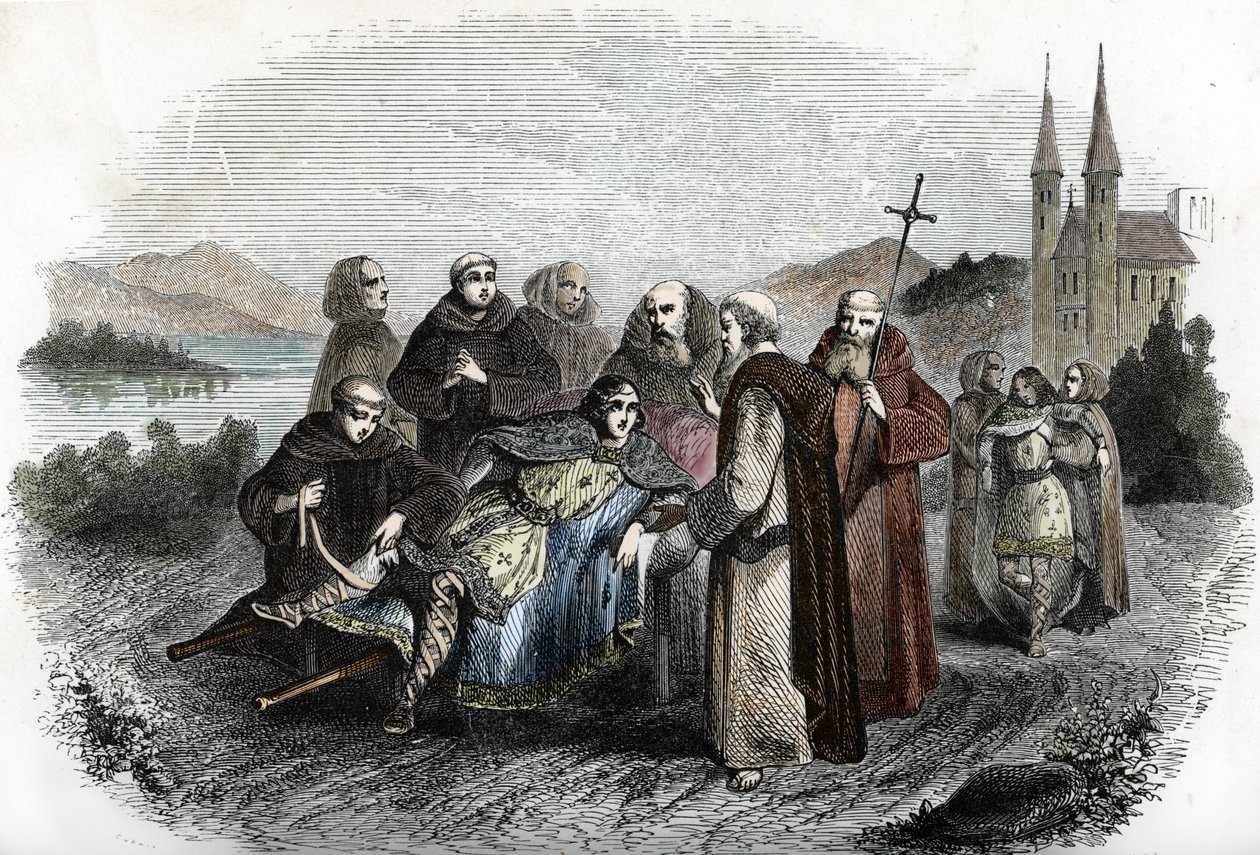 Legende des enerves de Jumieges: dva synové merovejského krále Chlodvíka II., potrestáni za vzpouru proti svému otci, jsou shromážděni mnichy z opatství Jumieges poblíž Rouenu, přibližně v roce 660 (Synové krále Chlodvíka II., poté, co byli potrestáni f od Unknown artist