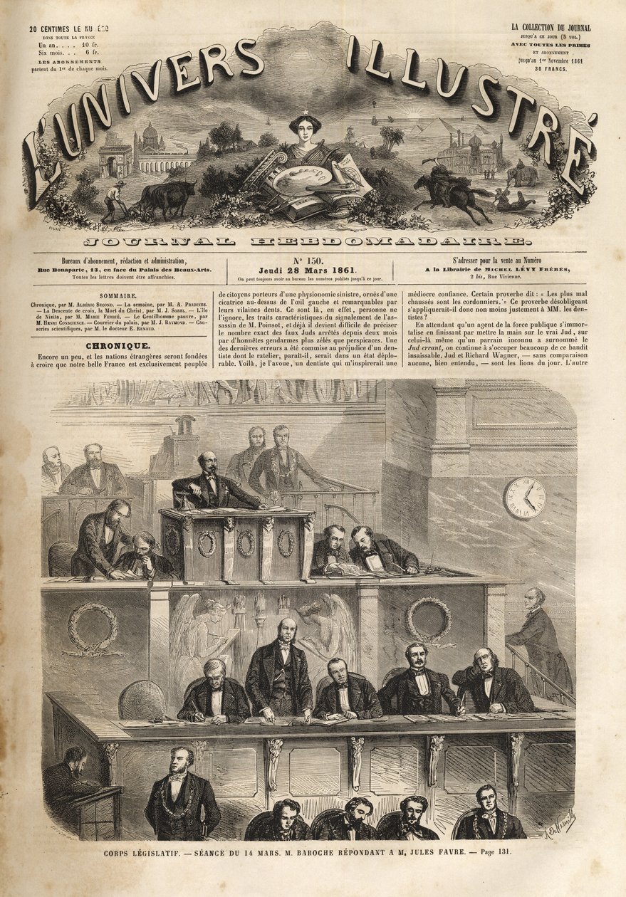Zákonodárný orgán – zasedání 14. března 1861 – Pierre Jules Baroche (1802–1870) odpovídá Julesi Favreovi (1809–1880) – Illustrous Universe of 1861 od Unknown artist