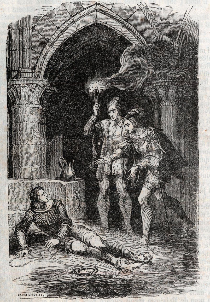 Leon (Leone) delivre Roger (Ruggero, Ruggiero) - rytina z roku 1851 z „“Roland furieux““ (Orlando furioso) (16. století) od Ludovica Ariosta, známého jako Ariosta – vydání přeložené z italštiny hrabětem z Tressanu a vydané od Gustava Harvara od Unknown artist
