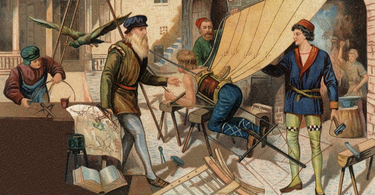 Leonardo da Vinci (Leonard de Vinci 1452-1519) experimentující se svým létajícím strojem. Chromolitografie 19. století. od Unknown artist