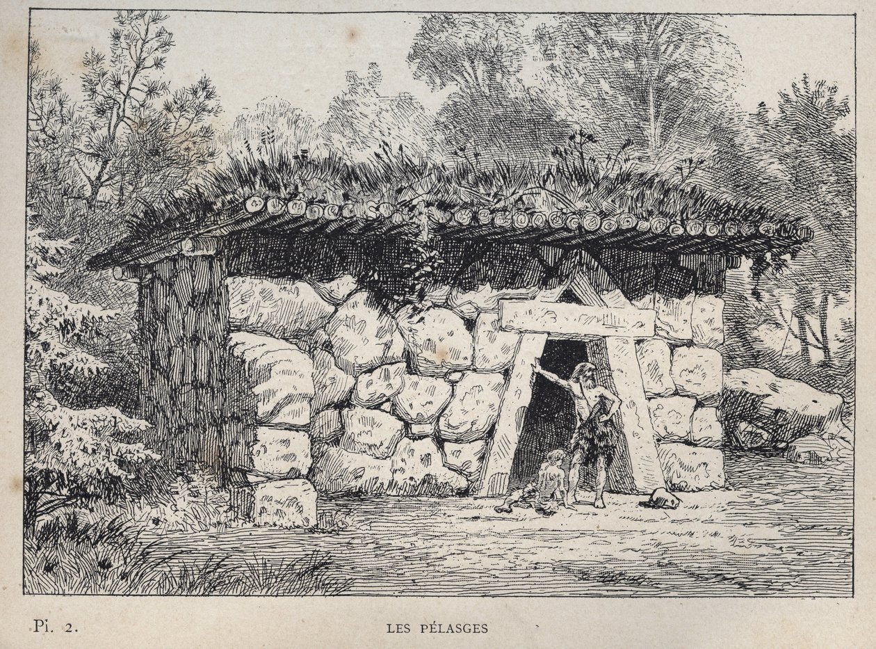 Pelasges (Pelasgové) - rytina z roku 1889 v „Historie lidského obydlí na Všeobecné výstavě v roce 1889, pan Charles GARNIER - Librairie centrale des beaux-arts Paris 1889 od Unknown artist