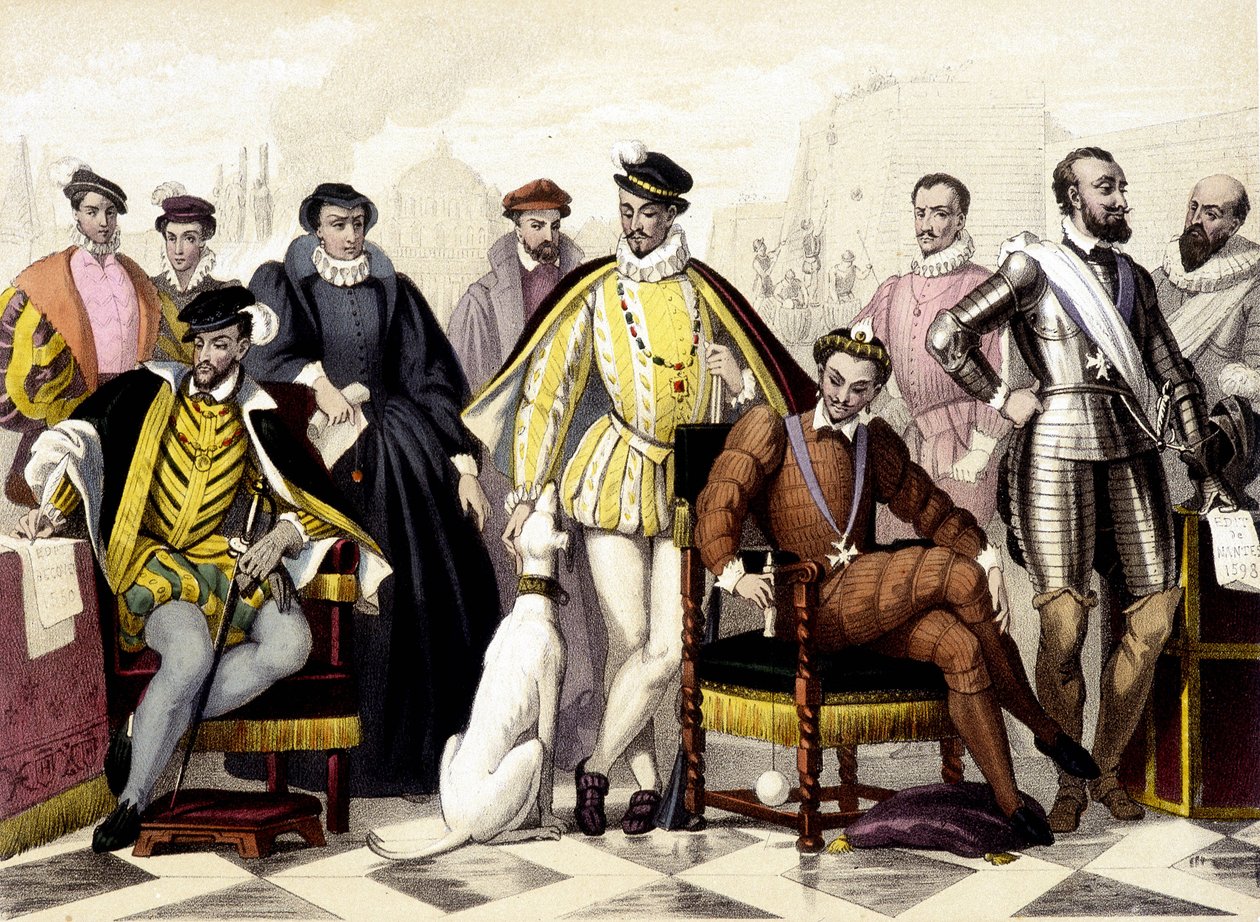 Les Valois - V letech 1547 až 1589. Jindřich II., Kateřina Medicejská (Caterina de Medici), Karel IX., Jindřich III., Jindřich IV. Rytina 19. století. od Unknown artist