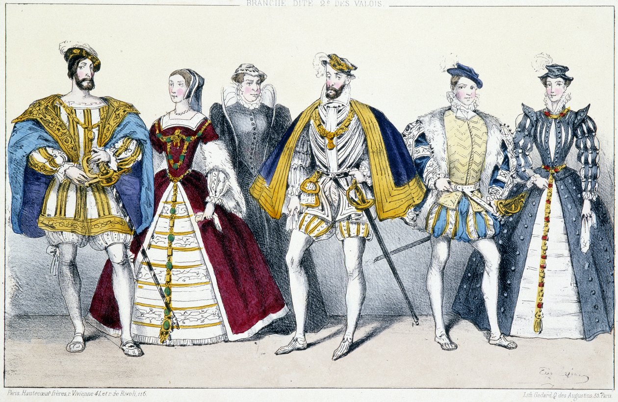 Les Valois: Francois I (1494-1547) a Claude de France (1499-1524), Catherine de Medicis (1519-1589) a Henri II (1519-1559), Francois II (1544-1560) a Marie Stuartovna (1542- 1587) - Planche extrahovaná z francouzských králů a královen v tiscích, Paříž, ed. od Unknown artist