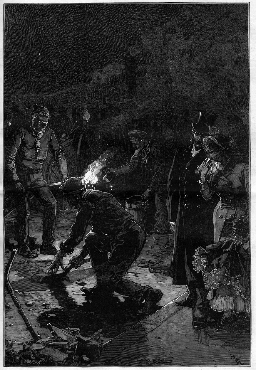 Dělníci pokládají bitumen poblíž francouzského divadla (Theatre-Francais nebo Comedie-Francaise (Comedie Francaise)) v ulicích Paříže a provádějí stavební práce v noci. Rytina v ""The Illustrious World"" od Unknown artist