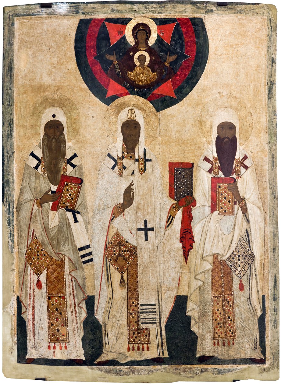 Tři svatí biskupové Rostova: Izajáš (zemřel 1090), Leonce (zemřel 1077), Ignatius (zemřel 1288) - ruská ikona: Tři svatí biskupové Rostova: Izajáš, Leontius a Ignác. Tempera na panelu, konec 15. stol., Státní skanzen Rostov Kreml od Unknown artist