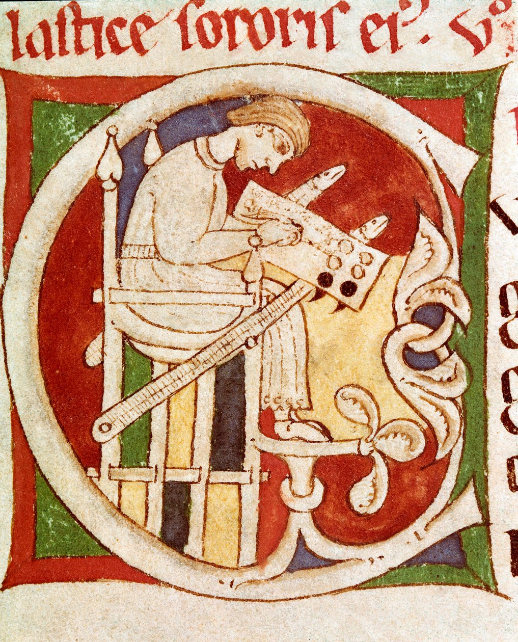Písmeno C zdobené mnichem píšícím na stole. Miniatura z „“Vitae sanctorum““ (Život svatých) Coimbre z 12. století, univerzitní knihovna od Unknown artist