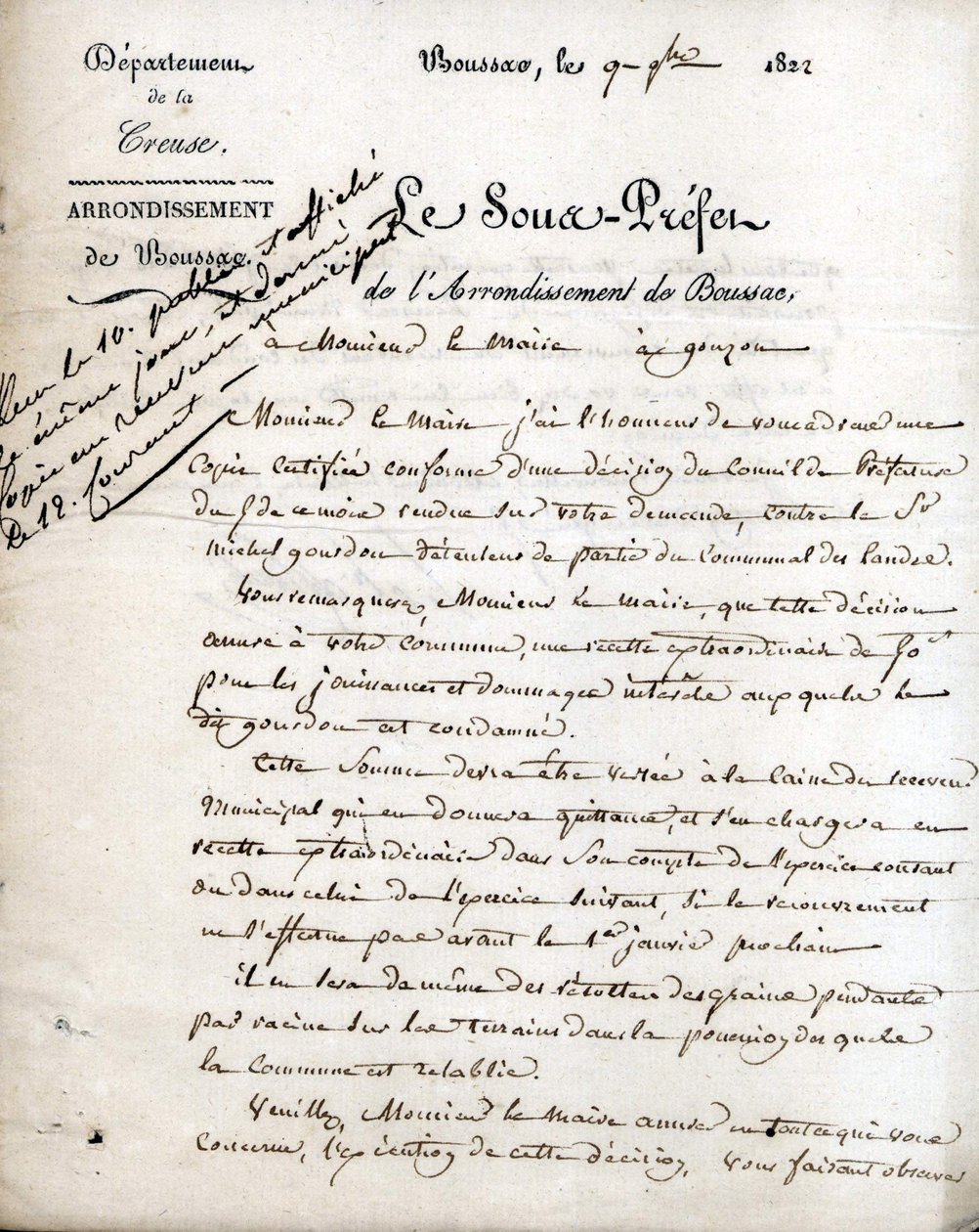 Dopis podprefekta Creuse (okres Boussac) starostovi Gouzonu, 9. září 1822 od Unknown artist