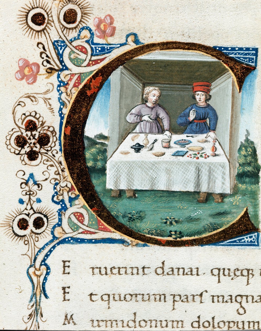 Hlavičkový papír C dekorovaný páru u stolu. Miniatura převzatá z „“ The bucoliques““ (Eglogues) od Virgila (Publius Vergilius Maro) (70-19 př. n. l.) (ms.IV E.12) – Neapol 15. století, Biblioteca Nazionale od Unknown artist