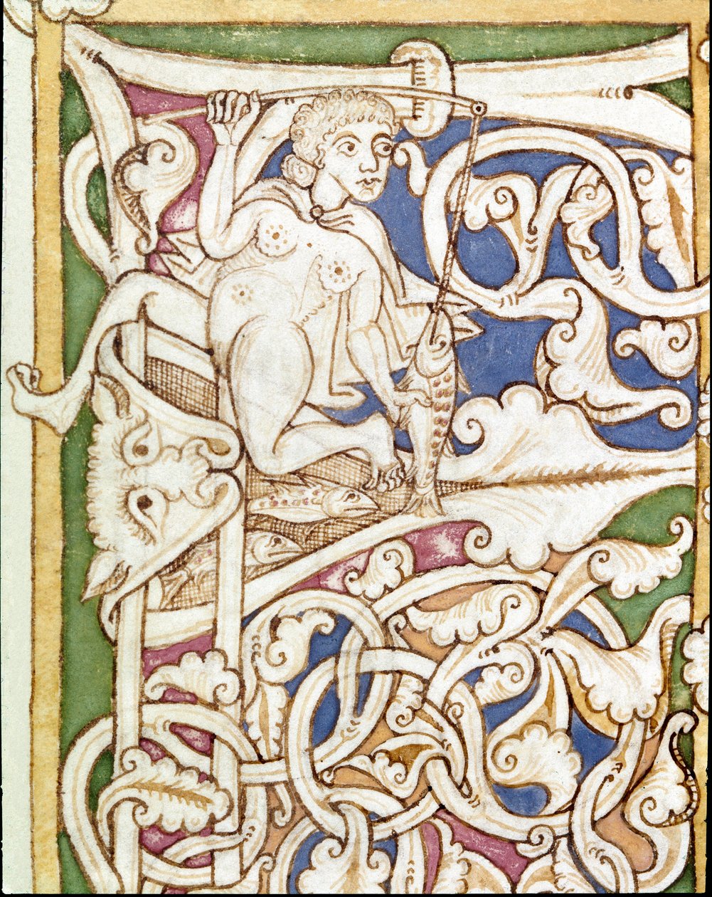 Lettrine P decoree reprezentace ženy lovící ryby. Miniatura z Bible (Starý zákon) (Ms 3088) Coimbra z 12. století, Univerzitní knihovna od Unknown artist