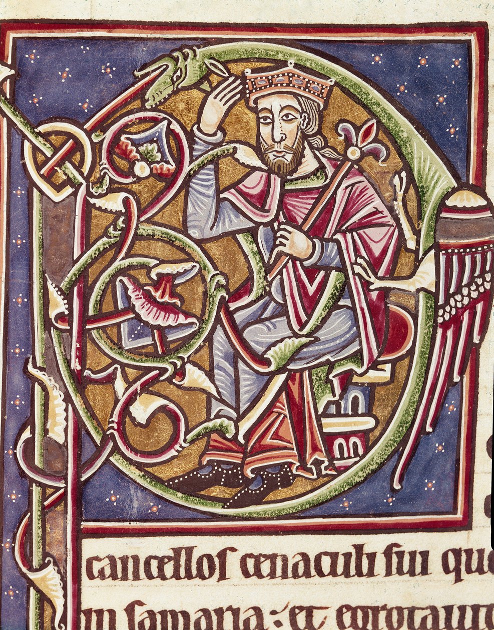 Lettrine P decoree vyobrazení krále země Moab Miniatura z Bible (Ms 3088) Coimbra z 12. století, bibliotéka univerzity od Unknown artist