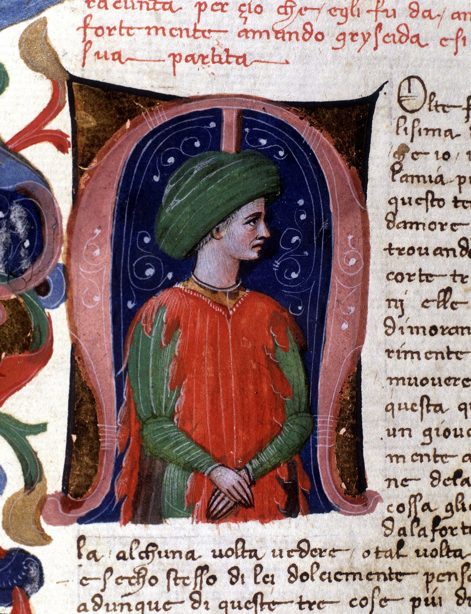 Lettrína „“ m“ a miniatura zobrazující sofistu Philostratea. Rukopis Boccacia (Boccace) od Unknown artist
