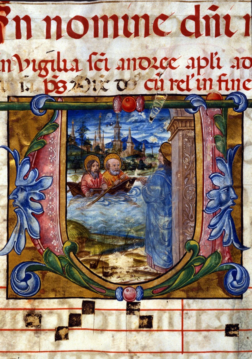 Lettrina kůru z 15. století. Kristovo zjevení po jeho vzkříšení k nevěřícným omluvám na Tiberiadském jezeře. Biblioteca nazionale Braidense, Milán. od Unknown artist