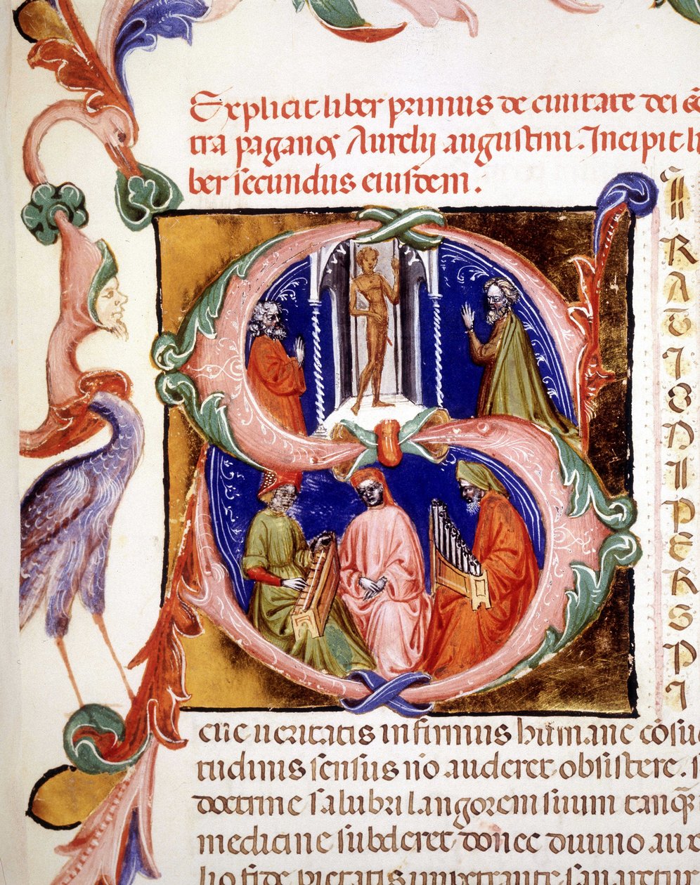 Lettrina „s“ s miniaturou zobrazující pohany uctívající svůj idol, pod nimi dva hudebníci a zpěvák – v „“De civitate dei““ od svatého Augustina, počátek 15. století. Městská bibli. z Rimini. od Unknown artist