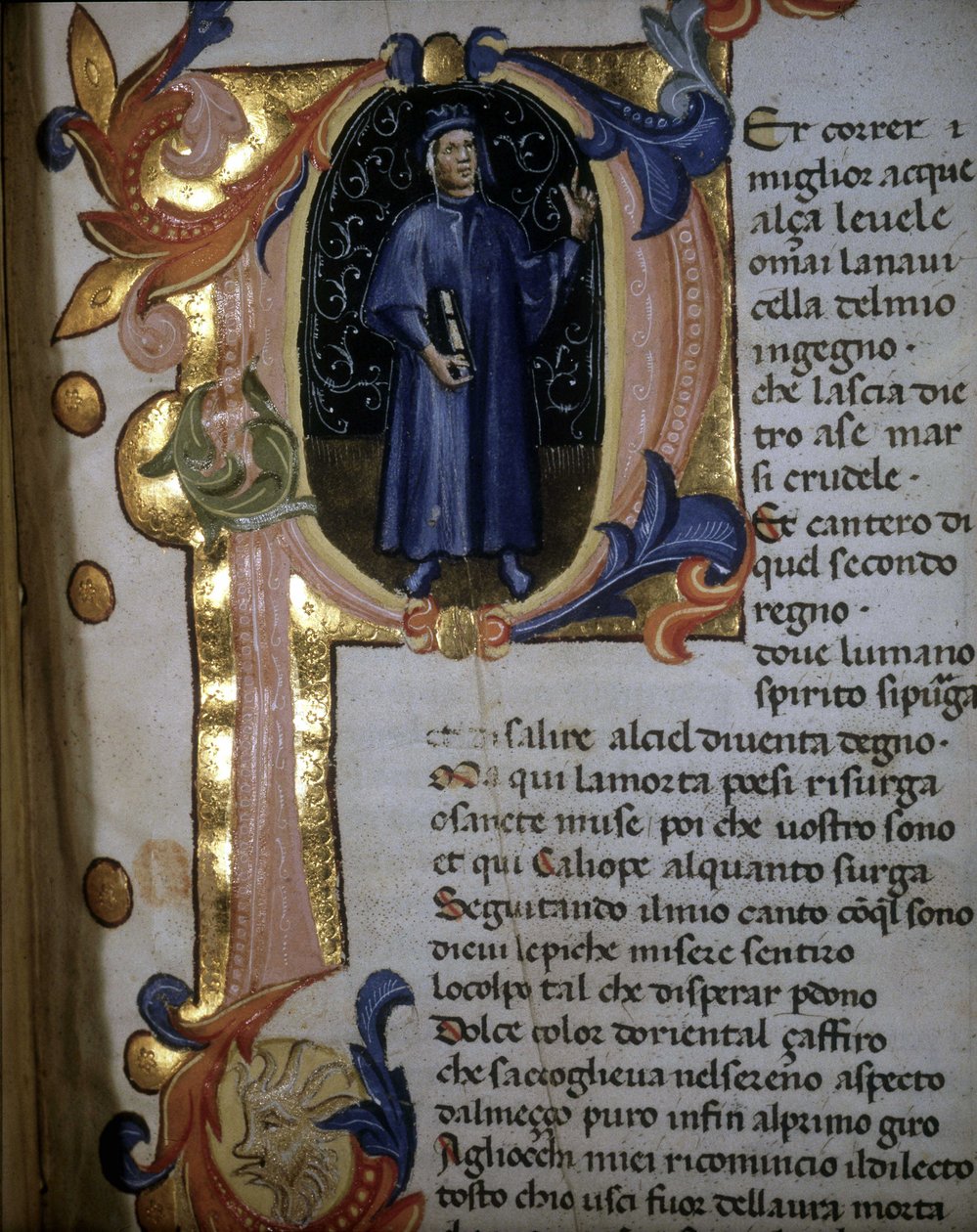 Lettrine „“ p“ z rukopisu „Božské komedie“. Počátek "" Očistce "". Osvětlení zobrazující Dante Alighieri. 14. století. Braidense. od Unknown artist