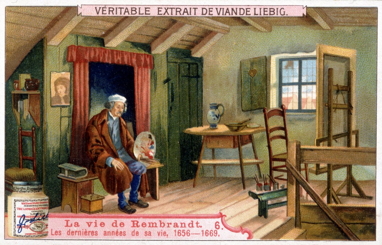 Liebigova chromolitografie o životě Rembrandta (1606/1669), holandského malíře. Zde poslední léta jeho života 1656-1669. od Unknown artist