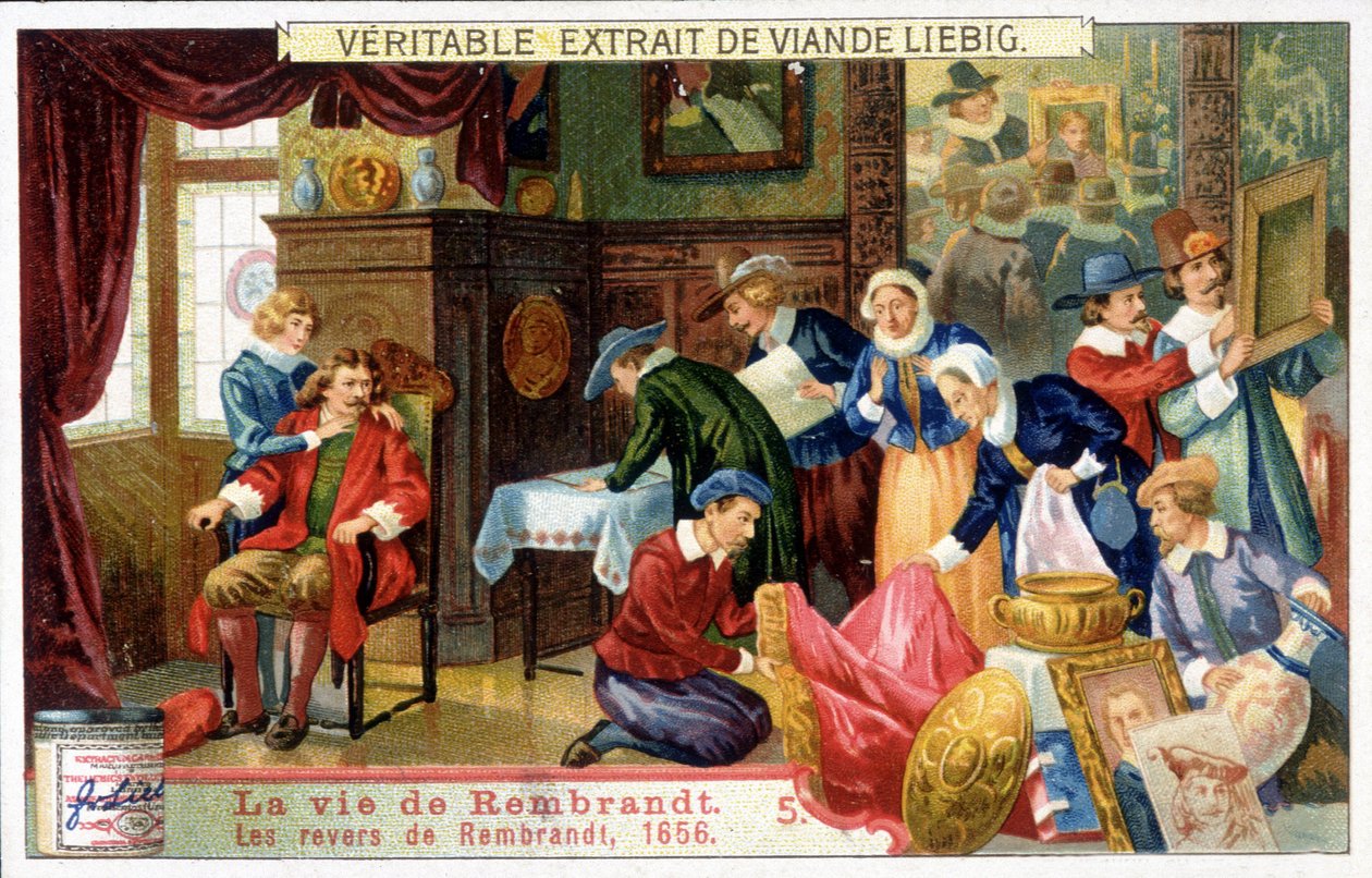 Liebigova chromolitografie o životě Rembrandta (1606 - 1669), holandského malíře. Toto jsou Rembrandtovy neúspěchy v roce 1656. od Unknown artist