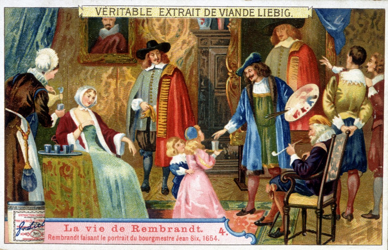 Liebigova chromolitografie o životě Rembrandta (1606 - 1669) holandského malíře, zde portrétujícího starostu Jeana Sixe v roce 1654. od Unknown artist
