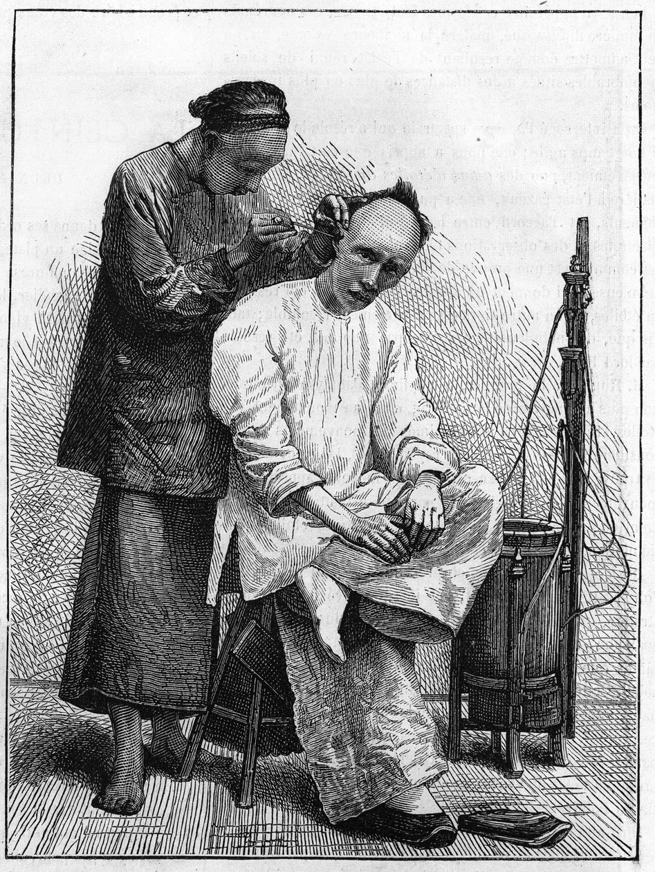 Život v Číně v 19. století: Cestující holič. od Unknown artist