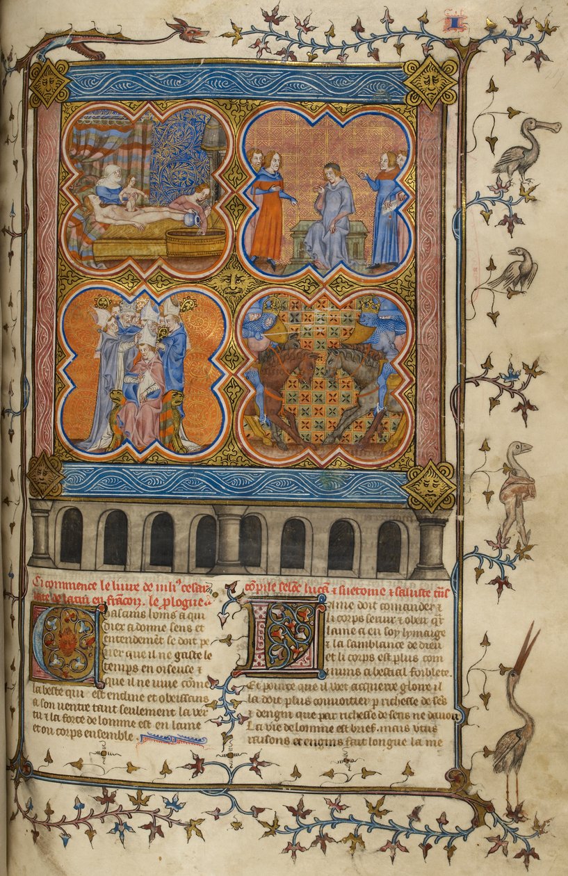 Život Julia Caesara: čtyři miniatury zobrazující jeho narození, rozvod, pontifikát a boj s Pompeiem; text se zdobenými iniciálami a lem s ptáčky a grotesky. od Unknown artist