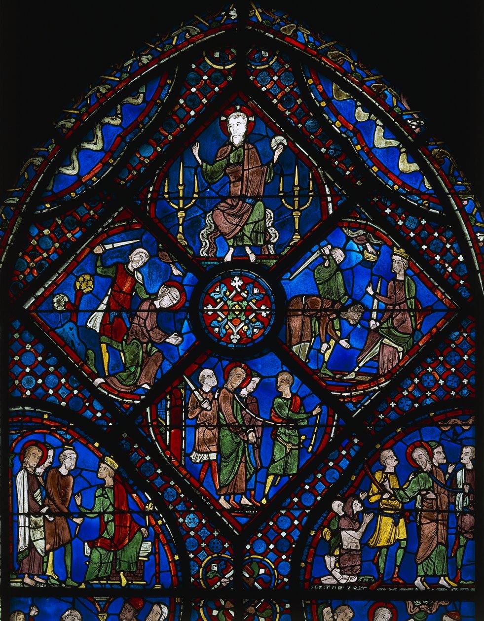 Život svatého Jakuba Většího, horní část okna, vitráže (12. století), katedrála v Chartres (Seznam světového dědictví UNESCO od Unknown artist