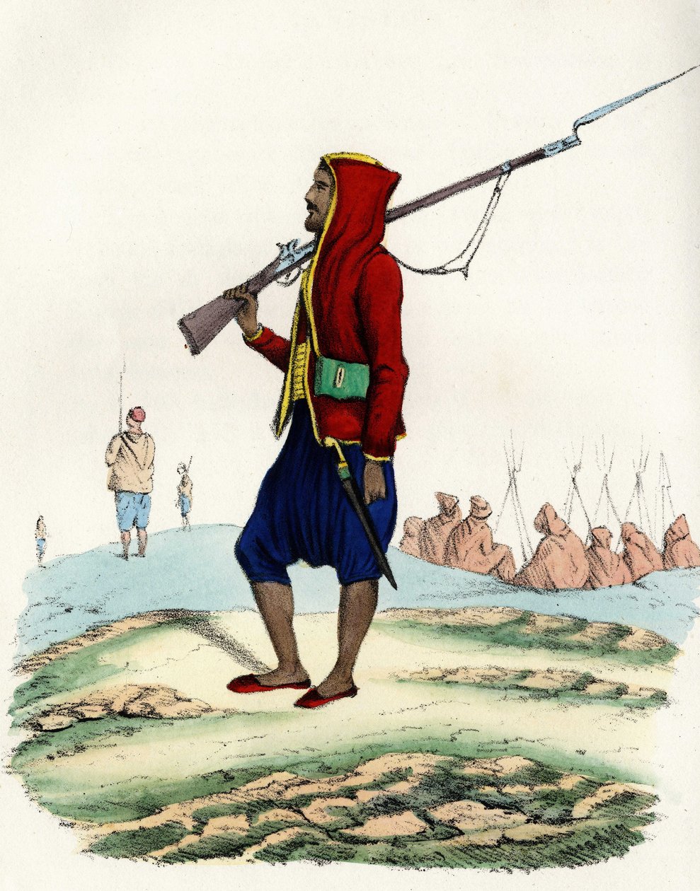 Lehká pěchota Emira Abd-el-Kadera, odpor francouzské armády Afriky během expedice do Alžíru v roce 1830. In “” Storia d