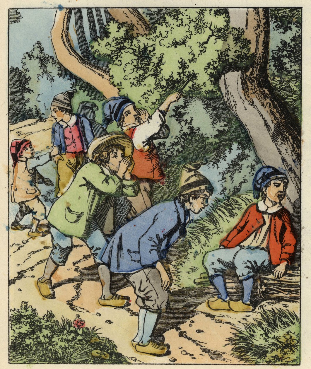 Malý Poucet a jeho bratři se ztratili v lese opuštěném rodiči. Ilustrace pohádky „Le Pepetit Poucet““ od Charlese Perraulta od Unknown artist