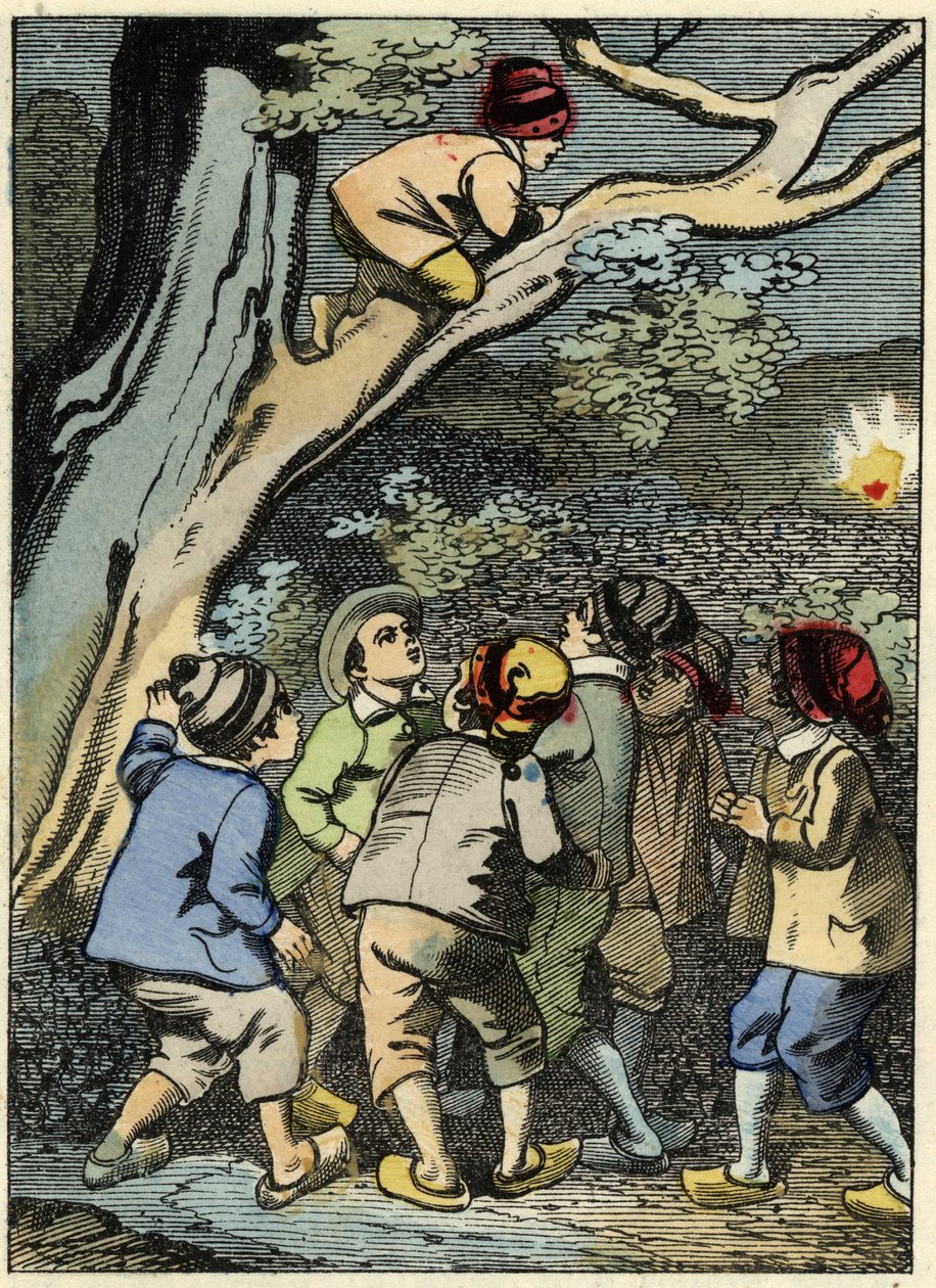 Malý Poucet leze na strom a hledá si cestu. Sbírá světlo v lese. Ilustrace příběhu Charlese Perraulta „Le Pepetit Poucet“ od Unknown artist