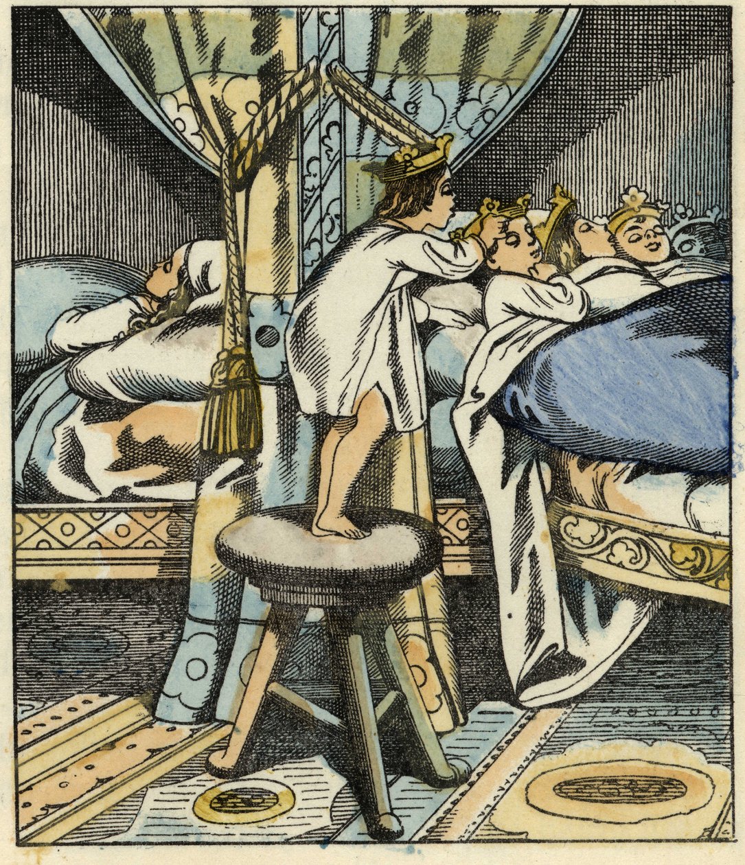 Malý Poucet nasazuje na hlavu svých bratrů koruny sedmi zlobrových dcer. Ilustrace příběhu „Le Petite Poucet“ od Charlese Perraulta od Unknown artist
