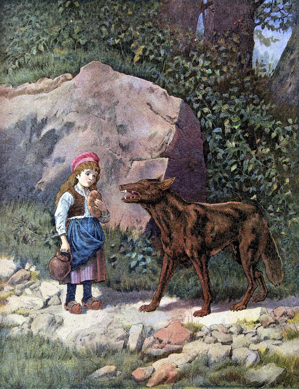 Červená karkulka Setkání s vlkem v lese - v “”Les Tales de Perrault”” od Unknown artist