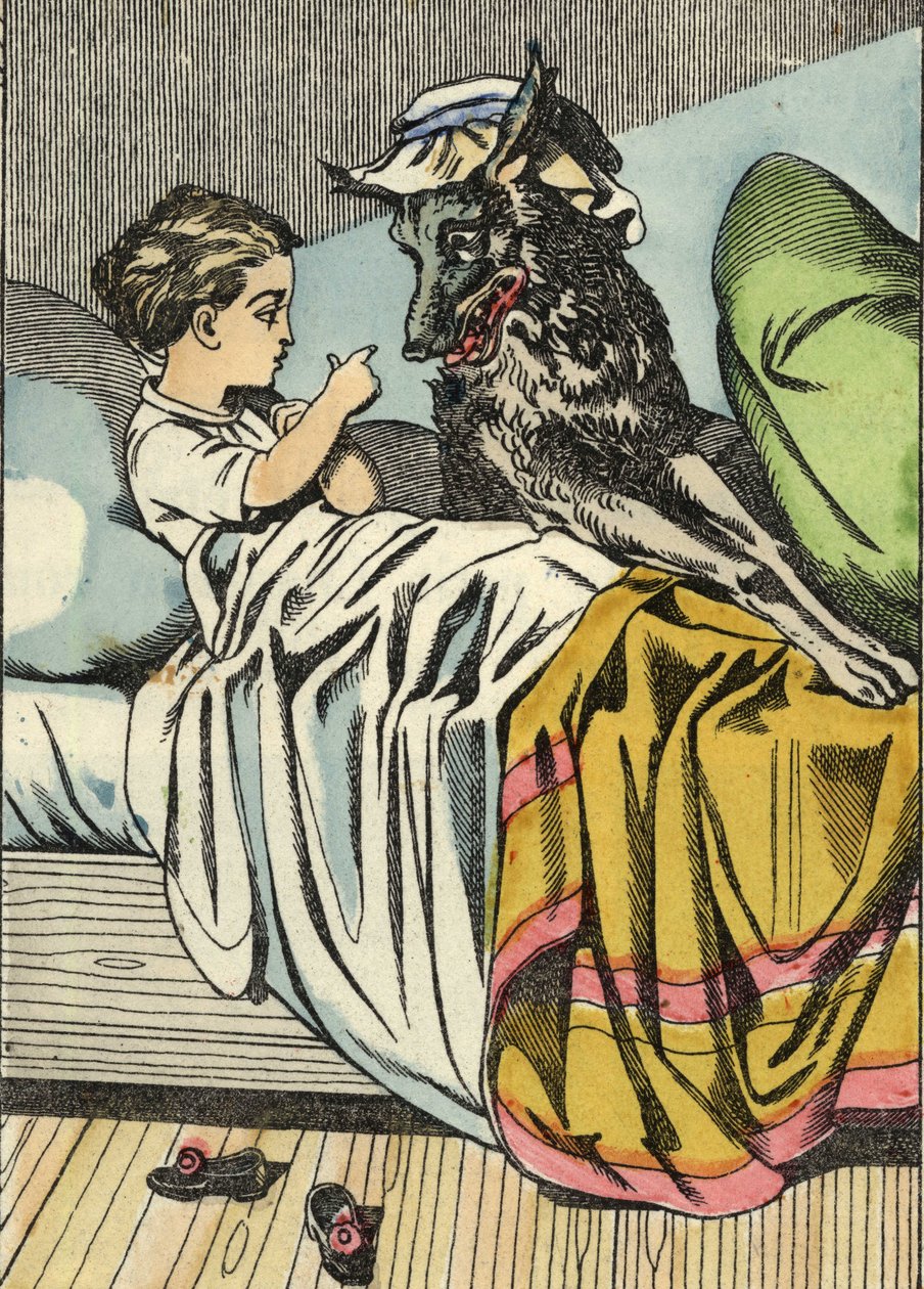 Červená Karkulka se ptá vlka: "Babi, ty máš velké zuby." Ilustrace pohádky „Červená karkulka“ od Charlese Perraulta od Unknown artist