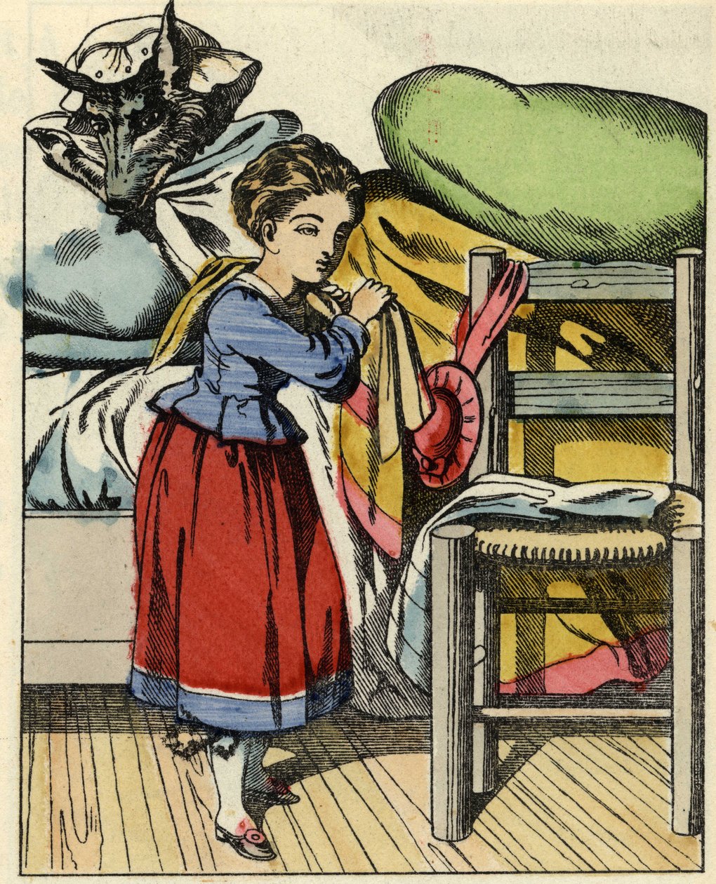 Červená karkulka u babičky. Ilustrace pohádky „Červená karkulka“ od Charlese Perraulta od Unknown artist