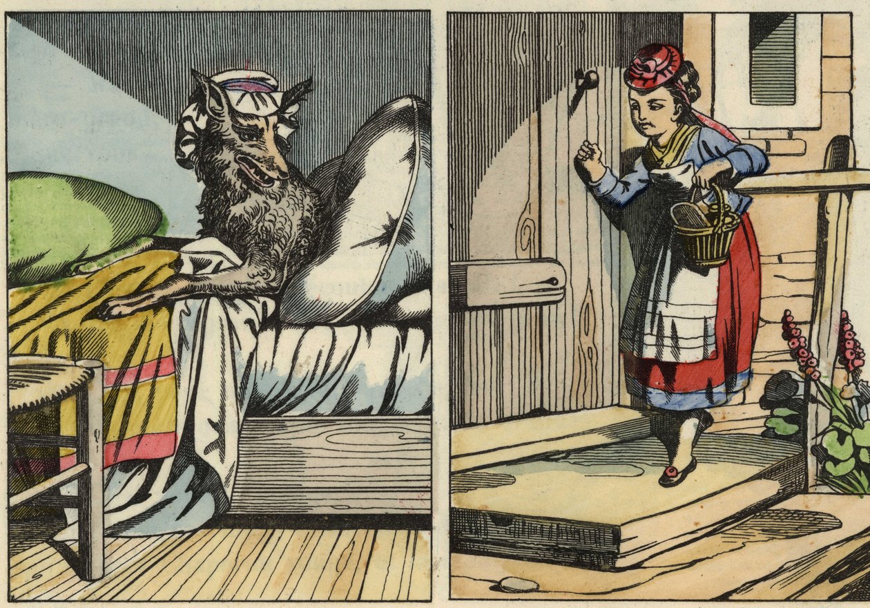 Červená karkulka klepe na dveře babičky. Ilustrace pohádky „Červená karkulka“ od Charlese Perraulta od Unknown artist