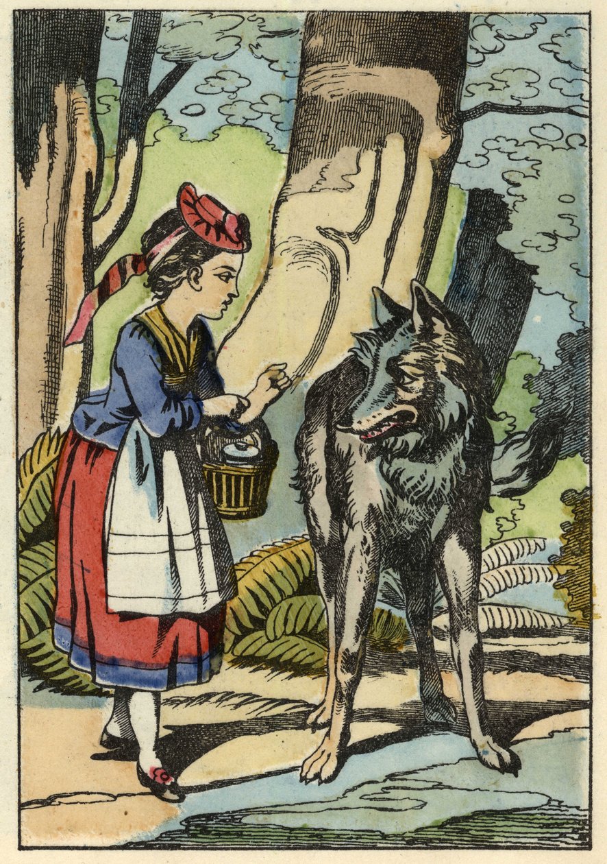 Červená karkulka se v lese setkává s vlkem. Ilustrace pohádky „Červená karkulka“ od Charlese Perraulta od Unknown artist