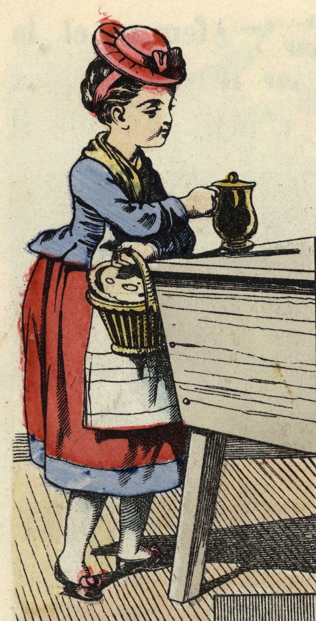 Červená karkulka dává jídlo pro babičku na huche. Ilustrace pohádky „Červená karkulka“ od Charlese Perraulta od Unknown artist