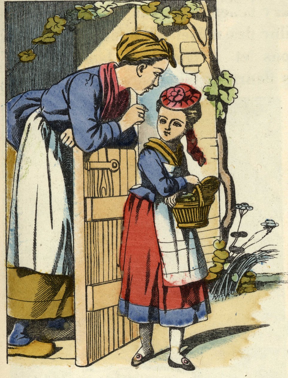 Matka Červené Karkulky dává poslední doporučení, aby šla k babičce. Ilustrace pohádky „Červená karkulka“ od Charlese Perraulta od Unknown artist