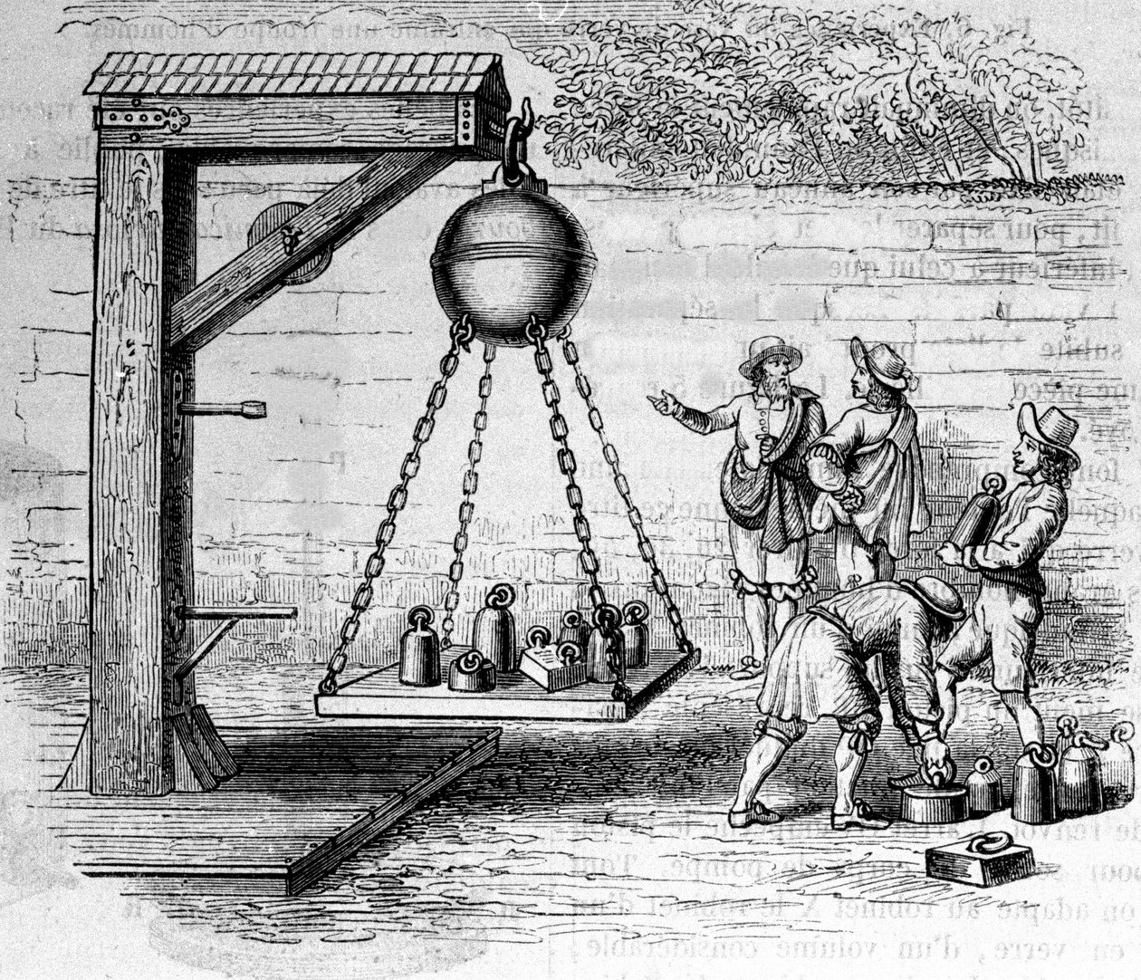 Načítání magdeburských polokoulí zavěšených pro výpočet atmosférického tlaku – v „Ottonis de Guericke: Experimenta Nova Magdeburgica de vacuo spatio““ od Otto von Guerickeho (Otto de Guericke od Unknown artist