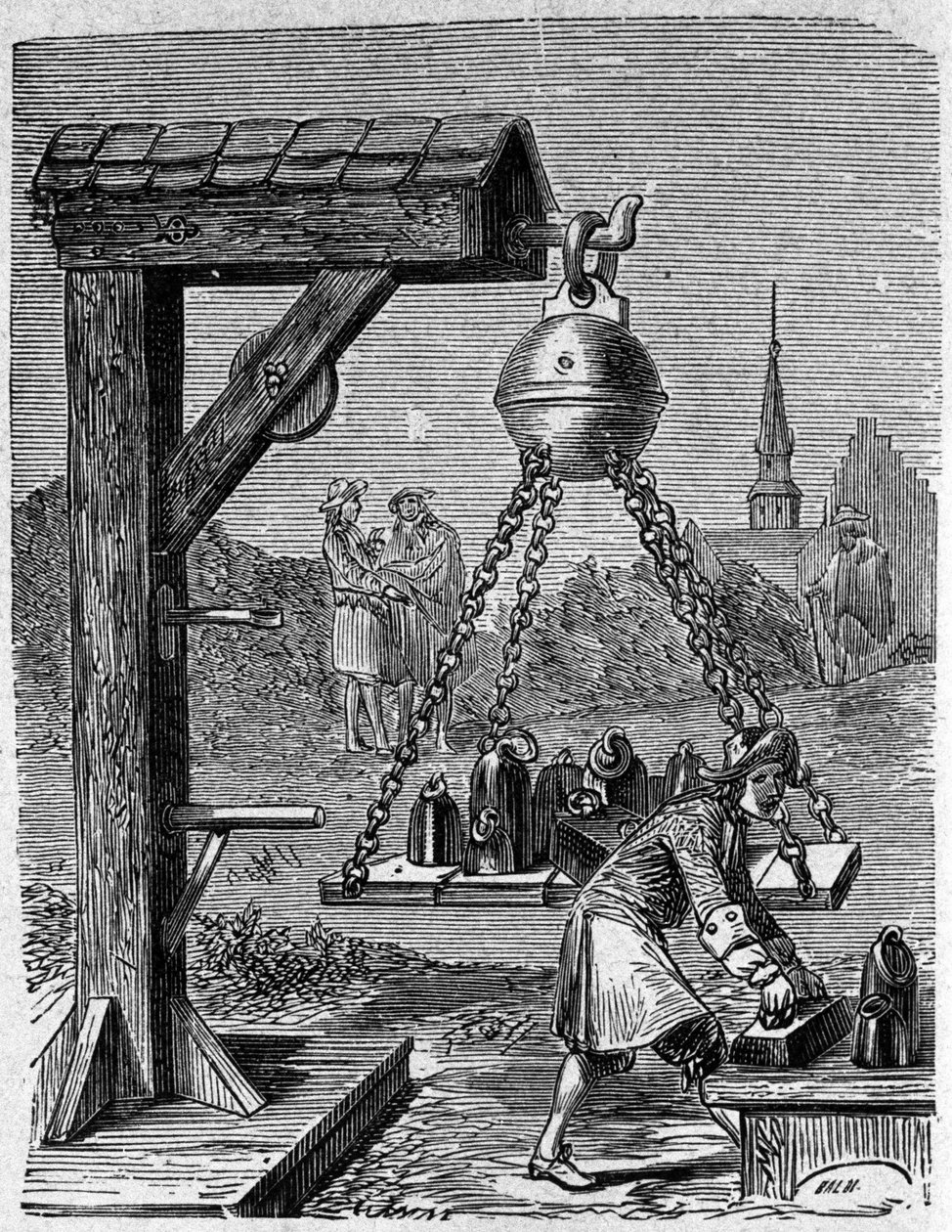 Nakládání zavěšených magdeburských polokoulí. Rytina z „Ottonis de Guericke: Experimenta Nova Magdeburgica de vacuo spatio“ od Otto von Guericke (Otto de Guericke od Unknown artist