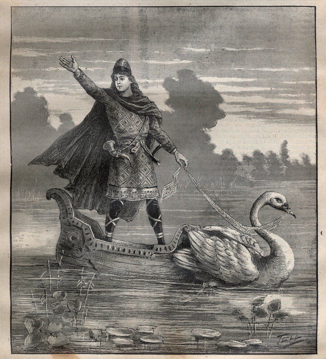 Lohengrin v gondole nakreslené labutí, scéna opery „Lohengrin““ od Richarda Wagnera (1813-1883) – rytina „“La Science francaise““ od Unknown artist
