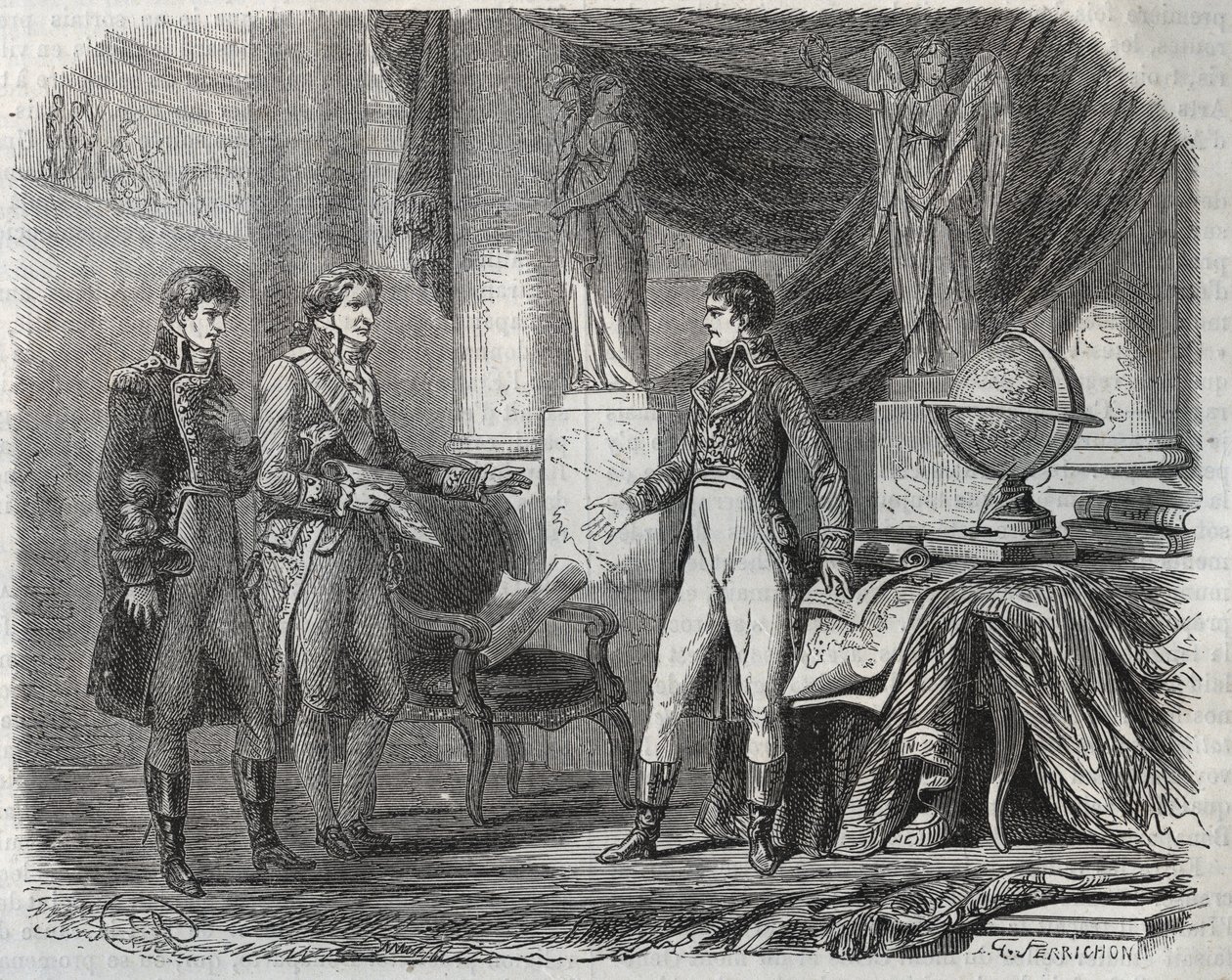 Lord Cornwallis (1738-1805) vyjednávající smlouvu z Amiens (1802) s Napoleonem Bonapartem (1769-1821) - mír z Amiens, Francie - smlouva podepsaná v březnu 1802, která ukončila revoluční války od Unknown artist