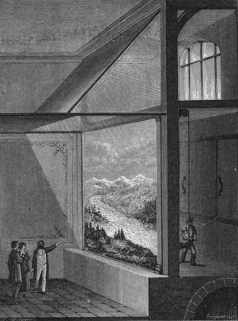 Louis Daguerre předvedl ukázku diorámatu a způsobu změny malby od Unknown artist