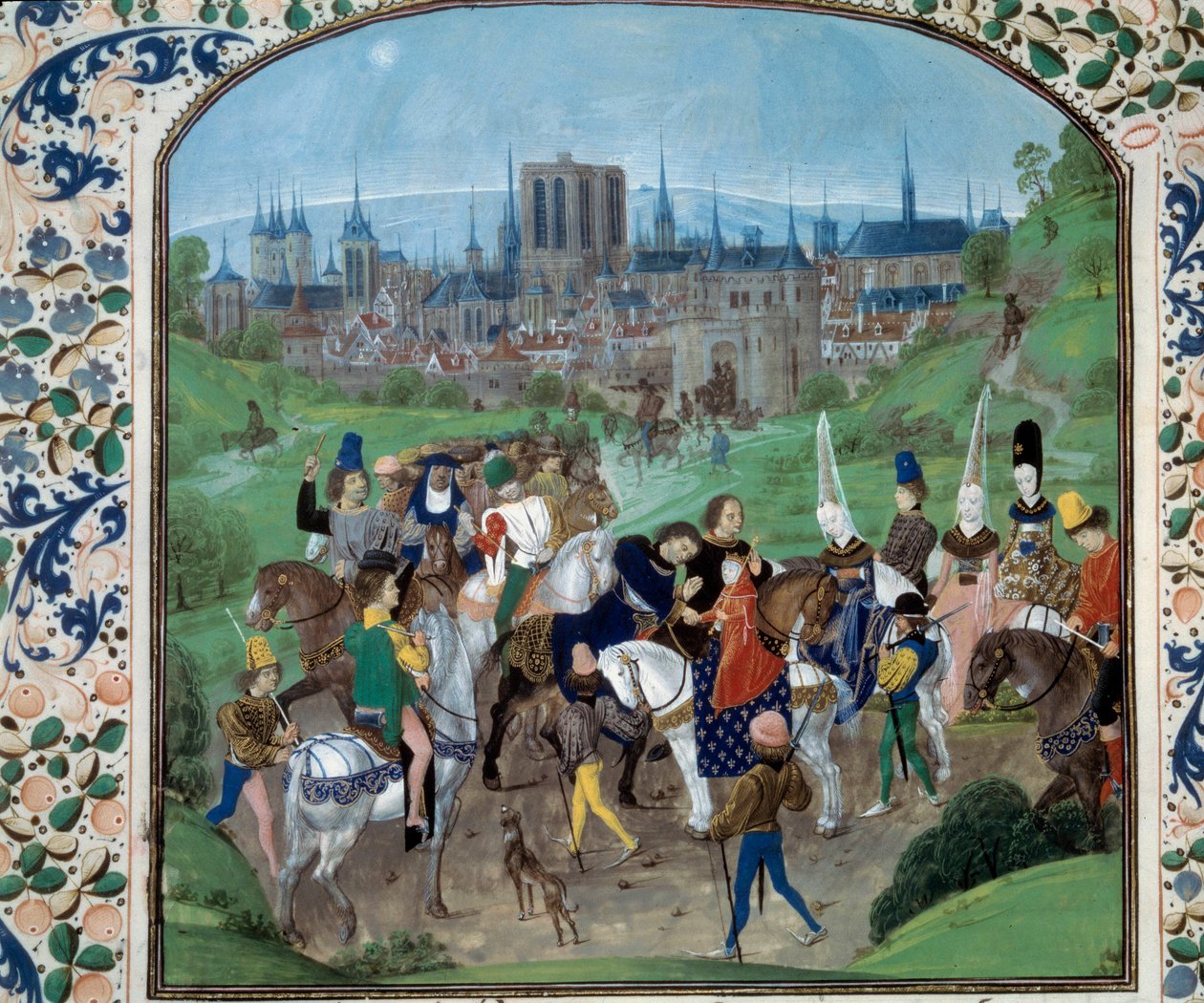 Ludvík II. z Anjou a Yolande Aragonská zdraví toho, kdo se stane jejich zetěm, pak Karla VII. V pozadí; město Paříž. Miniatura v „“kronikách““ od Jeana Froissarta (Folio 321v) od Unknown artist