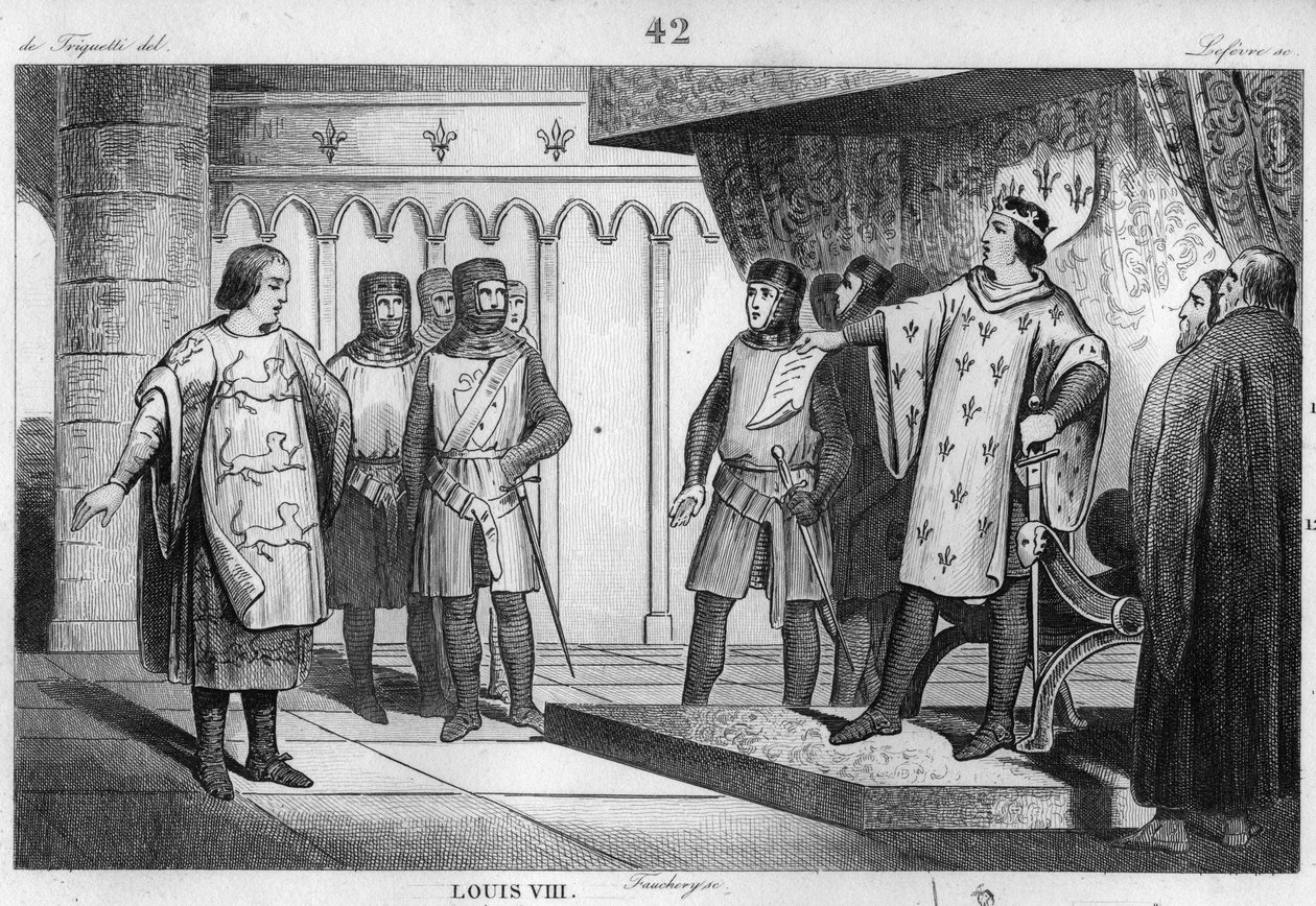 Ludvík VIII. (1187-1226) lev přijímá vyslance od svého nepřítele Jindřicha III. (1207-72) z Anglie - Ludvík VIII. dit „“Le Lion“ (1187-1226), dynastie Kapetovců, odpovídá s hrdostí vyslanec anglického krále Jindřicha III.- Rytina 1 od Unknown artist