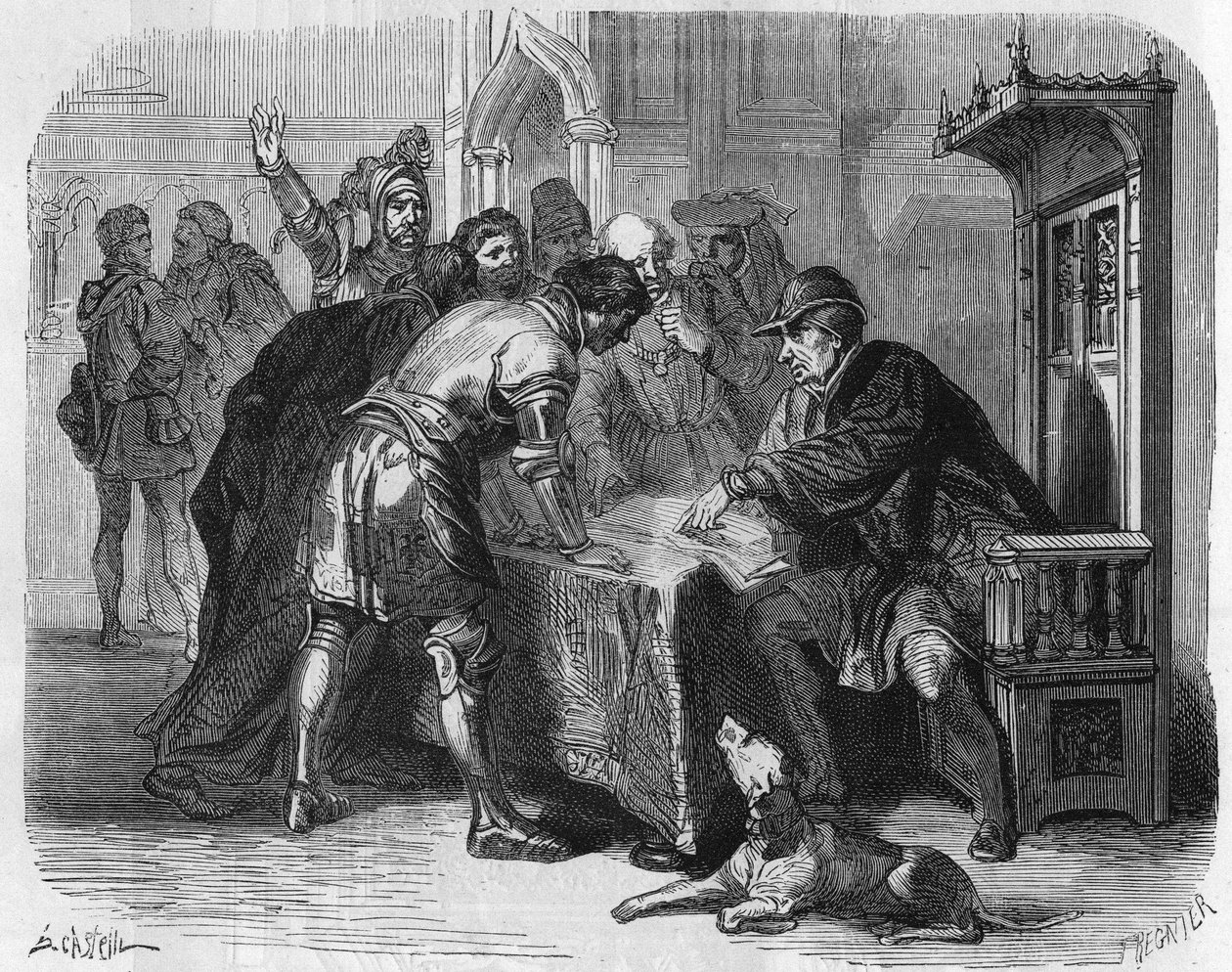 Ludvík XI., král Francie, se dozvěděl o smrti Karla Temeraire dne 7. ledna 1477. Rytina z 19. století. od Unknown artist